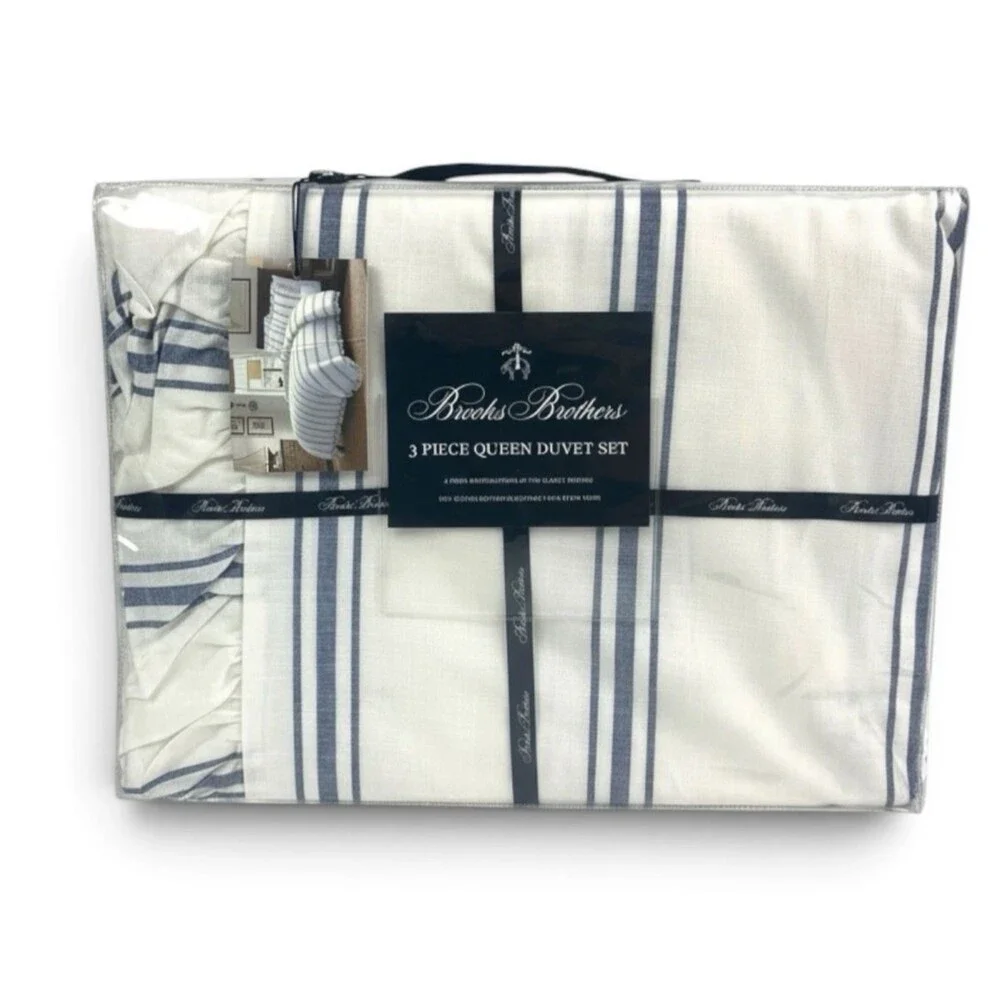 Brooks Brothers Queen Duvet Set Blue White Stripe Ruffle 100% Cotton Cottage New